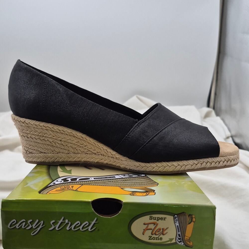 NEW Easy Street Jasper blackThai Silk Open Peep Toe Espadrille Wedge Sandal sz 9